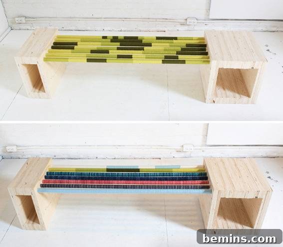 Stylish Seating: 12 DIY Stool and Bench Projects 5 Rods run from one box to another to make a seat.