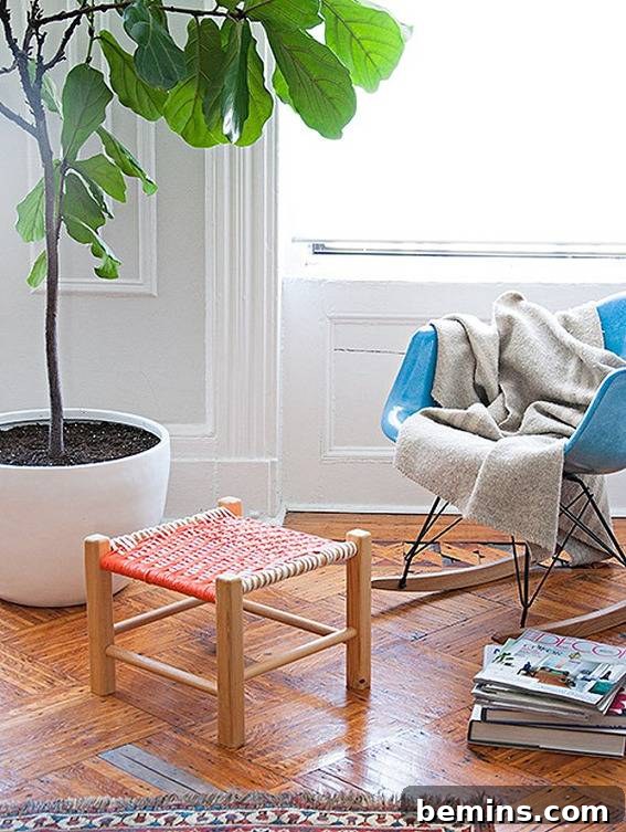 Stylish Seating: 12 DIY Stool and Bench Projects 9 Messed room with tiny woven stool.