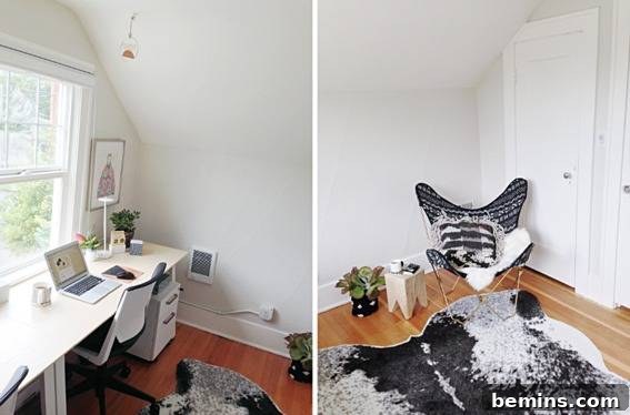 A double screen shows a desk with items on it next to a chair and matching rug.