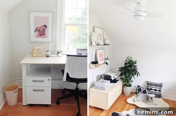 A room has a small white table and wooden floor.