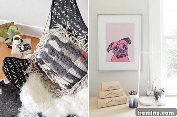 A double screen shows several fabric items next to home decor items.