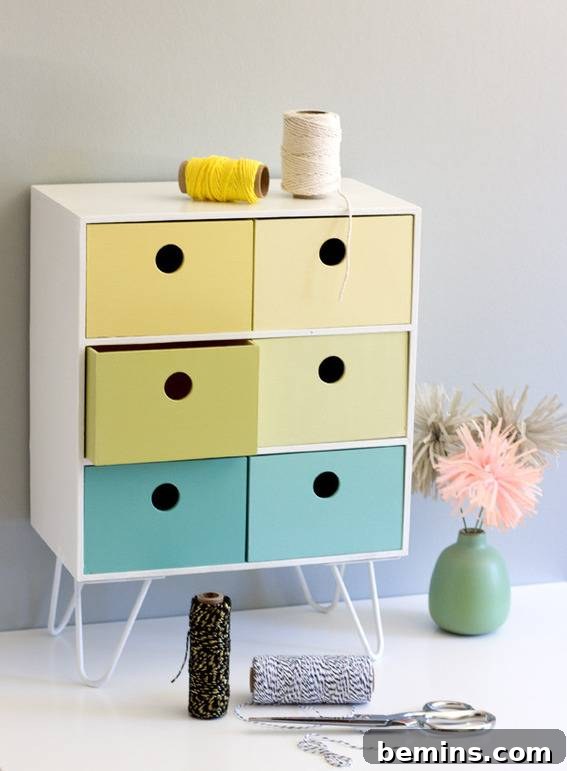 Finished IKEA Fira unit with mid-century modern style, featuring drawers in yellow, green, and blue