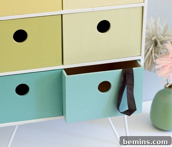 Close-up of the finger pulls and color arrangement of the drawers