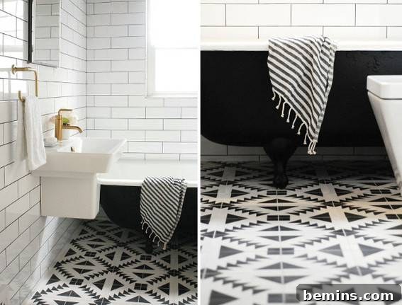 Eye-Catching Floors: 14 Stylish Bathrooms with Patterned Tile 13 Bathroom with a black tub and white sink against patterned floor tiles