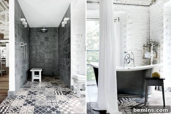 Eye-Catching Floors: 14 Stylish Bathrooms with Patterned Tile 16 White and dark bathroom with patterned floor tiles, creating a bold contrast