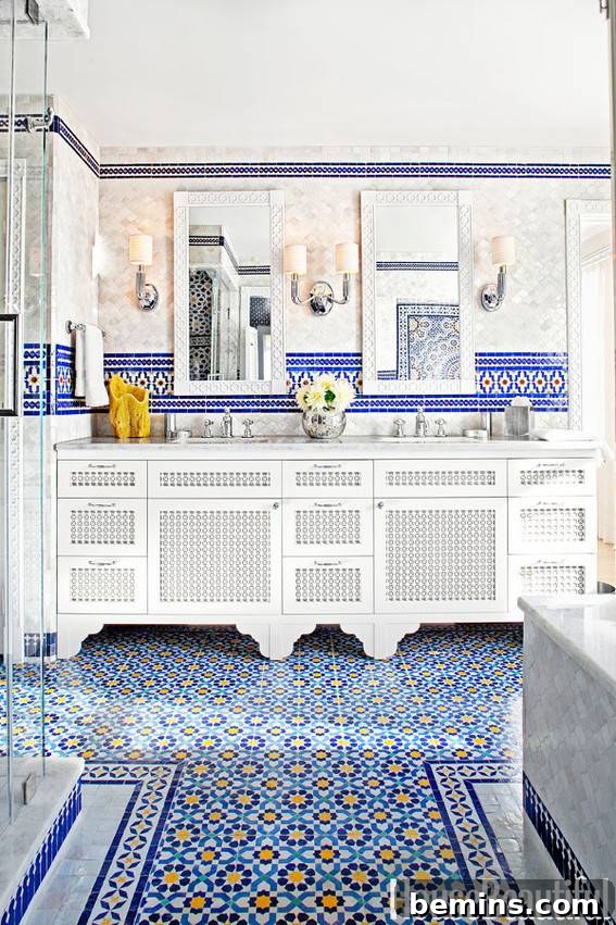 Eye-Catching Floors: 14 Stylish Bathrooms with Patterned Tile 4 Exotic bathroom design with blue patterned floor tiles