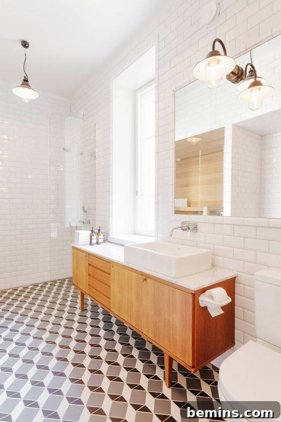 Eye-Catching Floors: 14 Stylish Bathrooms with Patterned Tile 5 Stylish bathroom with patterned floor tiles and white walls