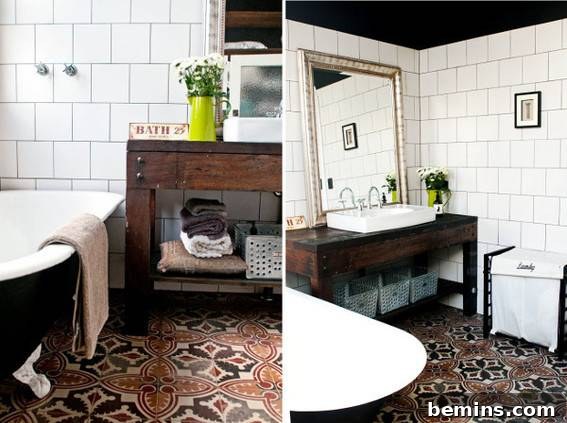 Eye-Catching Floors: 14 Stylish Bathrooms with Patterned Tile 6 Rustic bathroom with patterned rug and clawfoot bathtub