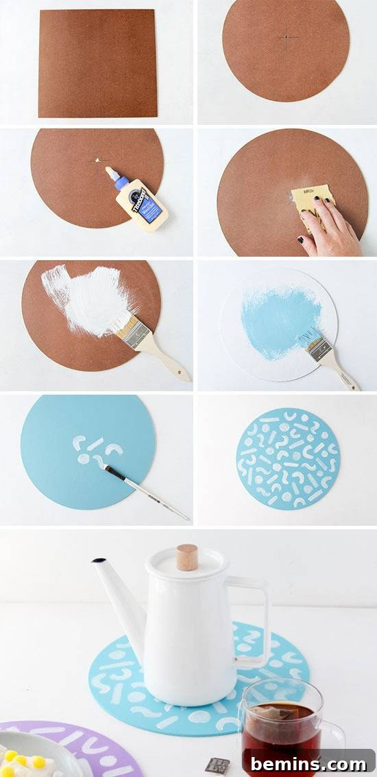 Blue and brown circle decorations on a table.