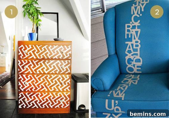 Visually Stunning Stenciled Furniture: 10 Inspiring Designs 3 White Geometric Pattern on Wood Furniture