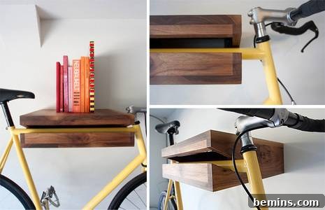 Wooden shelf with an opening to hold a bicycle.
