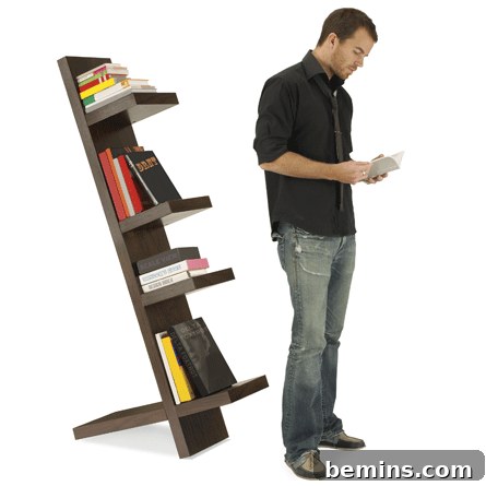 Leaning bookshelf adding a touch of whimsy to a room.