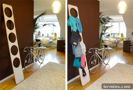 Modern room featuring a white rug and a DIY plywood clothing butler.