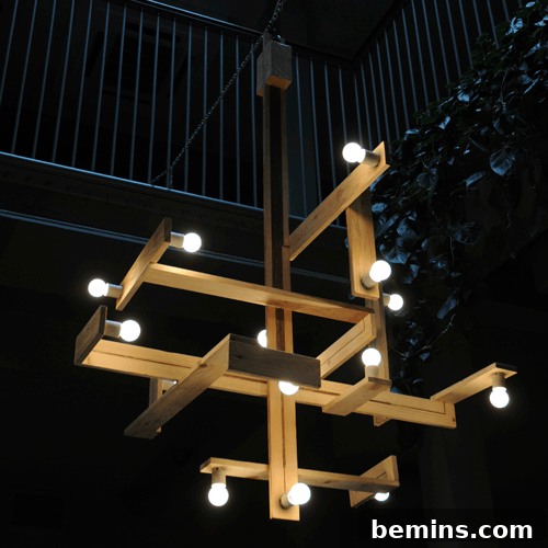Industrial-style chandelier made from repurposed pallets.
