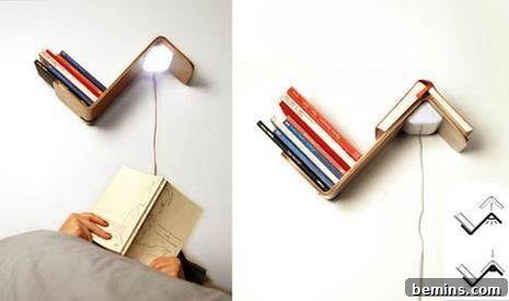Small bookshelf with an integrated reading lamp underneath.