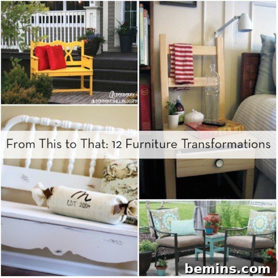 Four furniture transformations are shown.