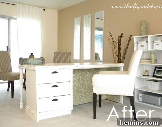 A home office with a white desk, white shelves, a white chair, and a tan wall.