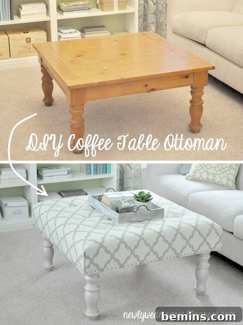A traditional coffee table is upholstered with white and gray diamond patterned fabric and the legs are painted white.