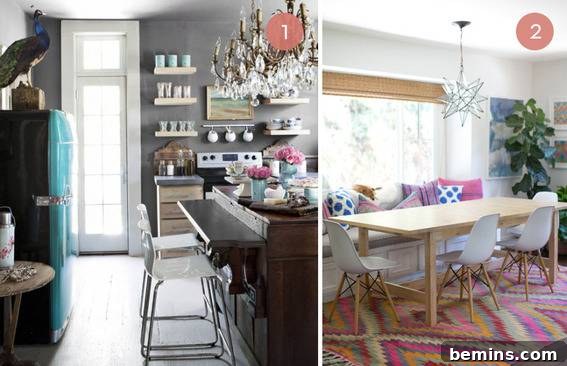 Eclectic dining room with tribal rug, mid-century chairs, and Moroccan lighting