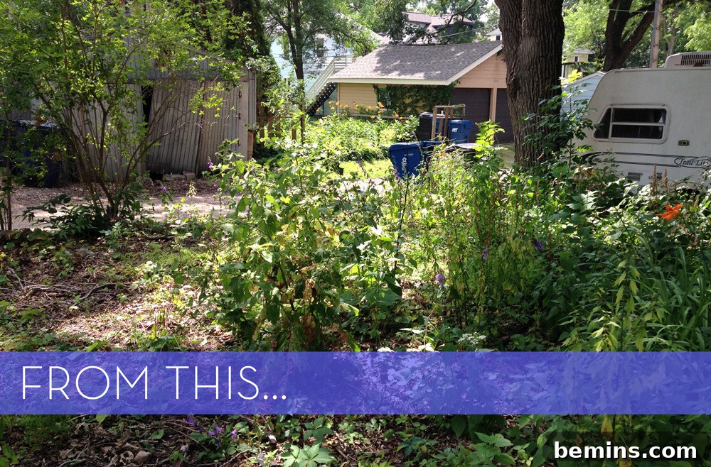 House with overgrown garden and trailer: A before picture showcasing the need for a backyard makeover.
