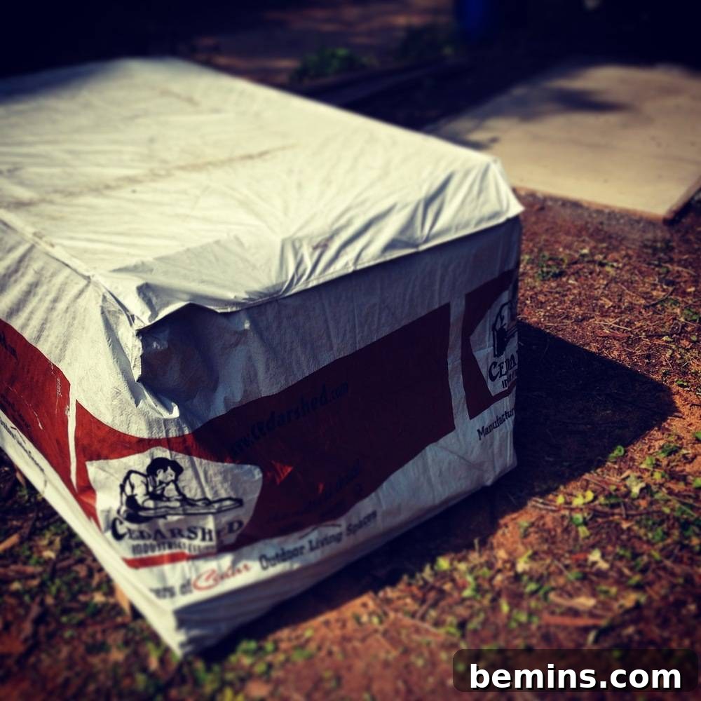 A red and white package on the ground: Signifying the arrival of the new garden shed for backyard improvement.