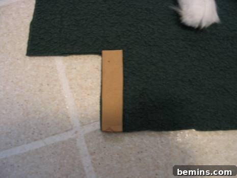 Dark cloth on the floor, measured with a piece of wood.