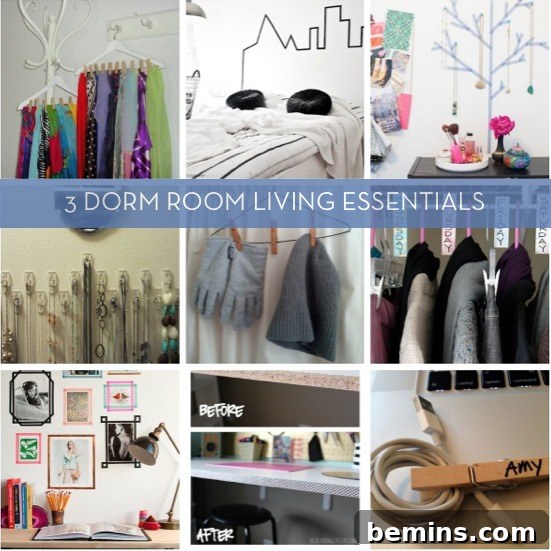 Dorm living essentials including command hooks, washi tape and wooden clothes pins.