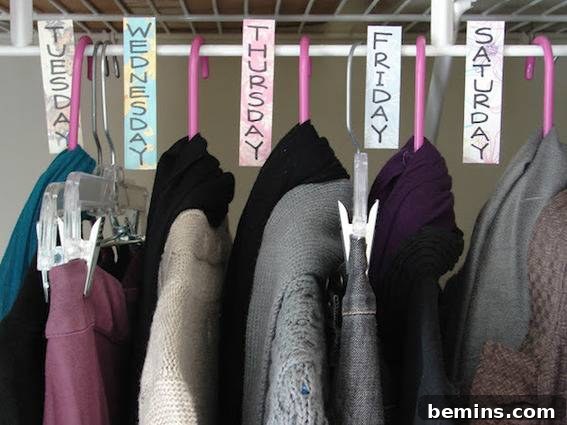 Hanging clothes separated by day tags.