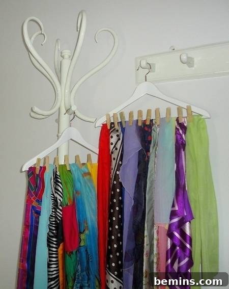 Various women's clothing lined up on clothespins, suspended over hangers on a wall-mount.