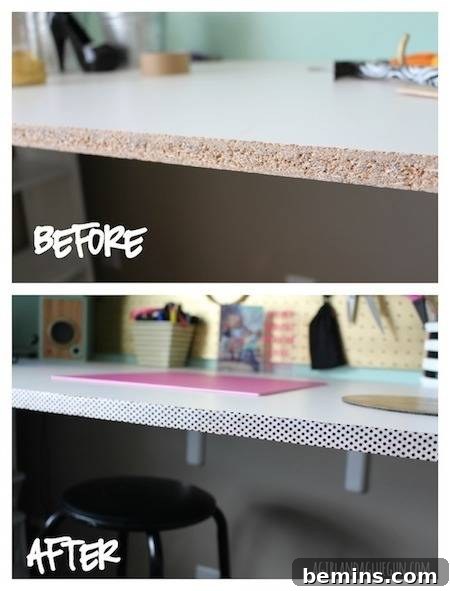 A counter that is clean above a counter that has colored paper.