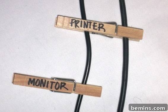 Two clothes pins on a black wire.
