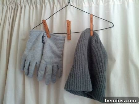 Gloves and a beanie hanging from clothespins on a hanger.