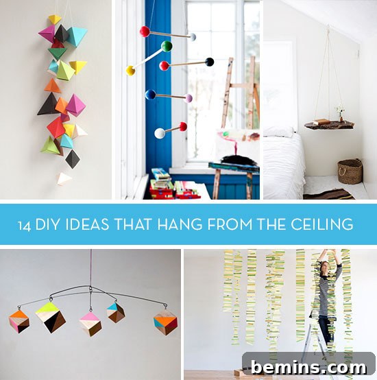 Creative and colorful art projects displayed as hanging ceiling decor.