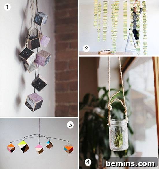 Collage of hanging DIY projects: geometric blocks, a colorful mobile, and a hanging glass jar.