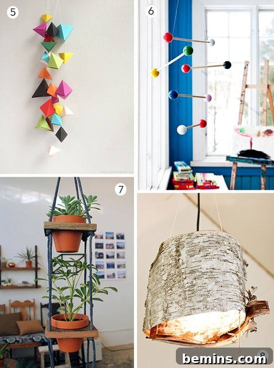 Images of paper triangles, hanging clay pots, and a rustic pendant light as DIY hanging decor.