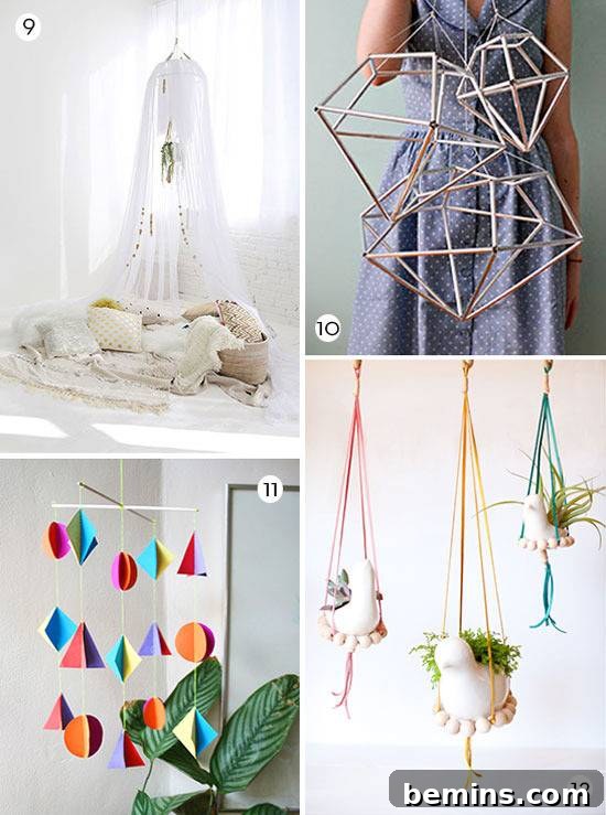 Two mobile projects: colorful sticks and decorative 3D paper shapes.