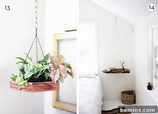 Image of a hexagon hanging planter in a bedroom setting.