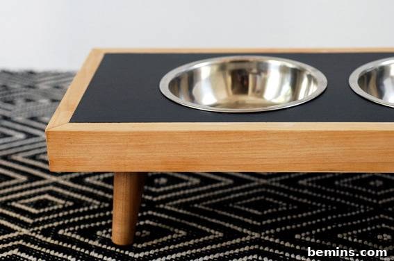 Metallic dog bowls in raised holder.