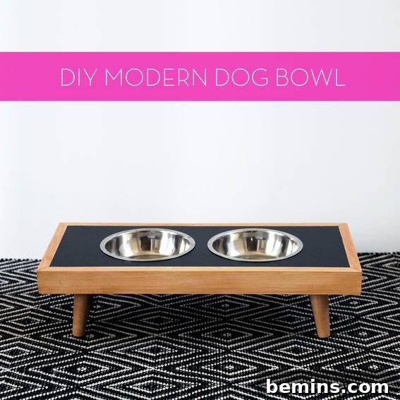 Two bowls sit inside a feeder made out of wood.