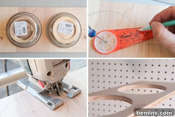Cutting circles in wood for dog bowls.