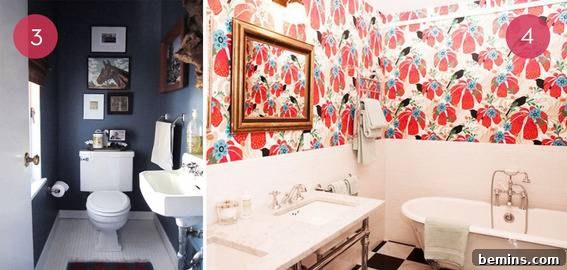 Tiny Bathroom with Dark Walls and Artwork