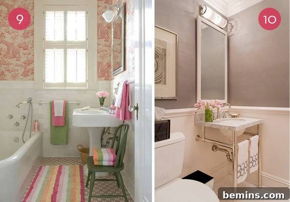 Small Bathroom with Classic Toile Wallpaper and Stripes