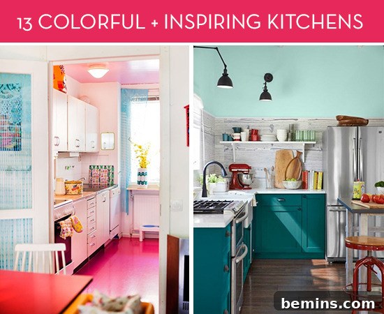 A colorful kitchen with red floors and a red table next to a kitchen painted bluish green.