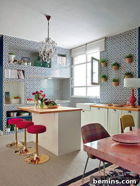 Kitchen with  table next to red stools and another table that is pink with brown chairs.