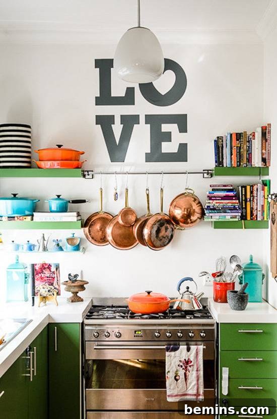 A well-organized kitchen with "LOVE" printed above the stove.