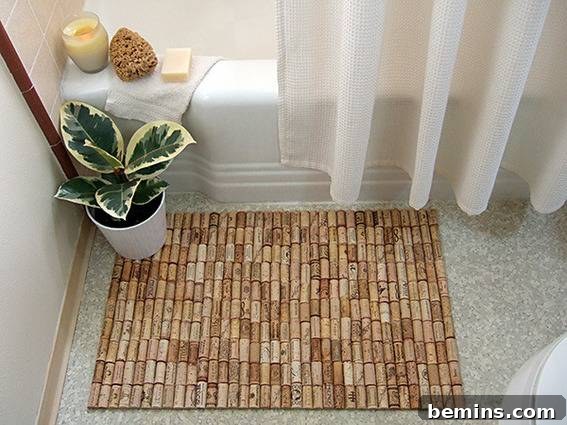 A floor mat made out of cork sits outside of a tub near a plant, creating a spa-like atmosphere.