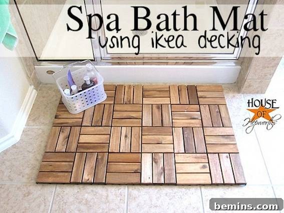 A spa bath mat that looks like a wooden floor, made from IKEA decking.