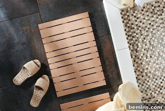 Shoes are left on the black floor near a pallet, showcasing a spa-worthy bath mat made of craft wood and cork sheeting.