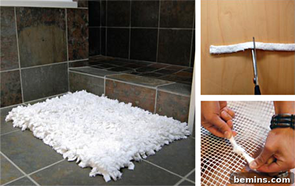 White bathmat making process, showcasing a hand-tied bath mat made from old towels.
