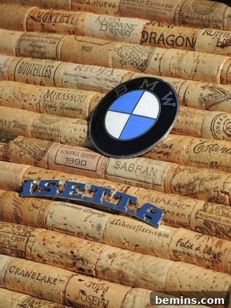 Corked Cruisin': The Ultimate Wine Cork Car 10 The BMW and Isetta logos displayed on the cork-covered car, a nod to its original identity and heritage.